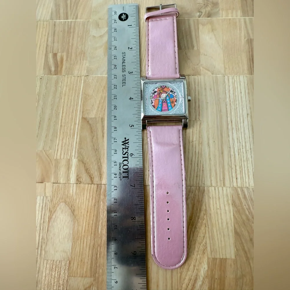 Unbranded ladies rectangular silver tone Christian angels pink watch NEW BATTERY